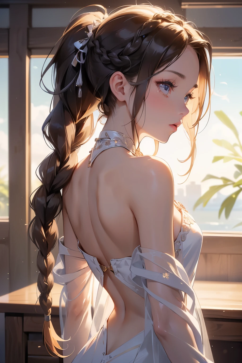 ((best quality)), ((masterpiece)), (detailed), 1girl, (big forhead:1.2),extremely detailed cute anime face, (((flat chest))), (flat chest:1.1),((((long twin braids,tight braids,long braid,braided hair,long hair)))),intricate eyes,beautiful detailed eyes,symmetrical eyes,(((detailed face))),beautiful detailed lips, looking at this, (((embarrassed))),(horrified expression),(panic),(crying),highres,(best quality),(ultra detailed,extremely detailed),perfect face details, ((masterpiece:1.4, best quality))+, (ultra detailed)+, long twintails, cute girl, (flat chest:1.1), small breasts, slim body, skinny, (narrow hips), prominent collarbones, skinny arms, flat stomach, visible hip bones, long hair, red hair, white hair, blonde hair, dark hair, ponytail, thick ponytail, heavy ponytail, small breasts, perfect face, small breasts (flat chest:1.1), NSFW, long revealing gown,Detailed body,Full limbs,(from behind), (turning), NSFW, (flat chest:1.1), nude