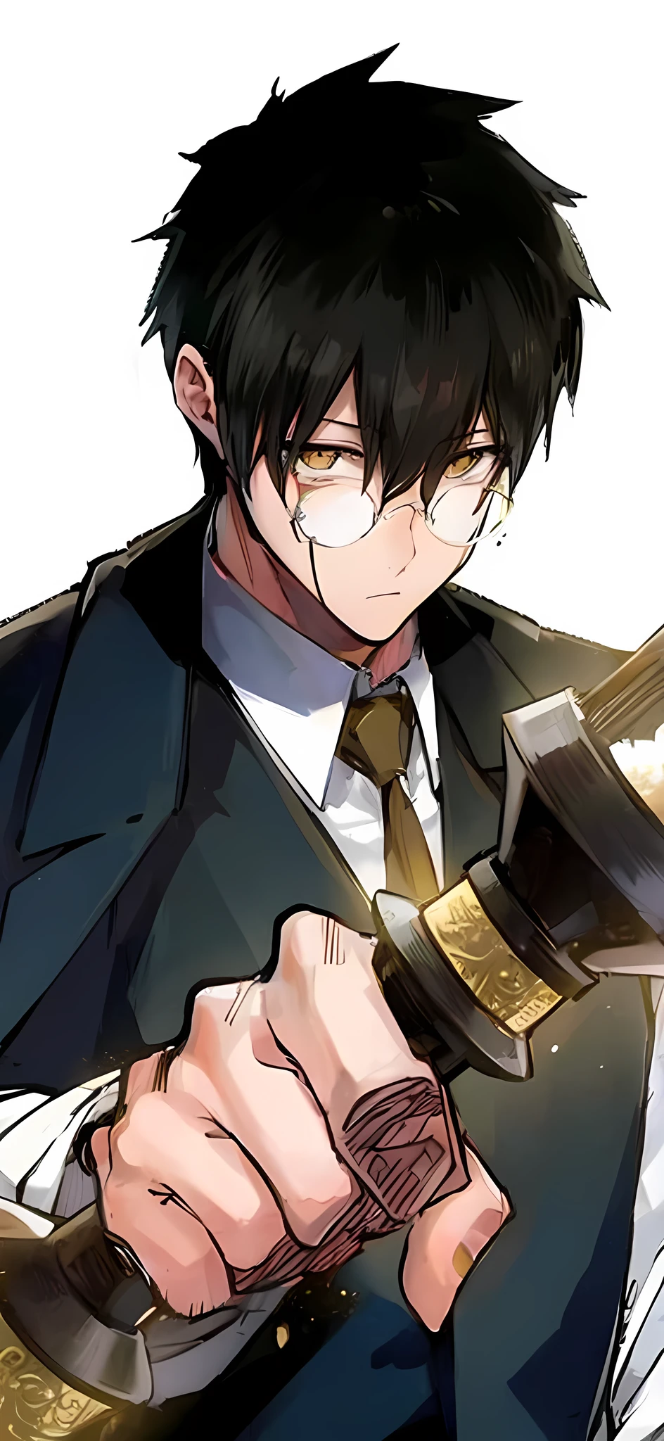 Anime man in a suit holds a wand and glasses., His pupils were yellow and had a spiral pattern on top., portrait Kapmoe Yandere grimdark, Inspired by Okumura Masanobu, Kentaro Miura manga art style, Hijikata Toshiro, call anime style, Kentaro Miura style manga, Kapmoe Yandere, Shigenori Zoejima illustration, anime moe art style