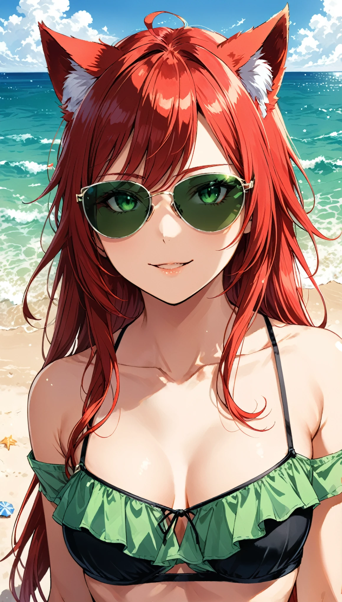 1catgirl, cat ears, (red long hair)) , eyes focus. oversaturated green eyes, she wars sunglasses the only partially cover her eyes. 50% transparent sunglasses. 20% eyes covered. wear an open green shirt that shows a black bikini. Bare shoulders, crop top, Portrait, zoomed half_body_shot. Medium breast. Super detailed. Perfect anime red eyes. Natural pose. She has a devil smile, she's OP overpowered . red fox tail. she's at the beach, background is partially blurred, accent colors.