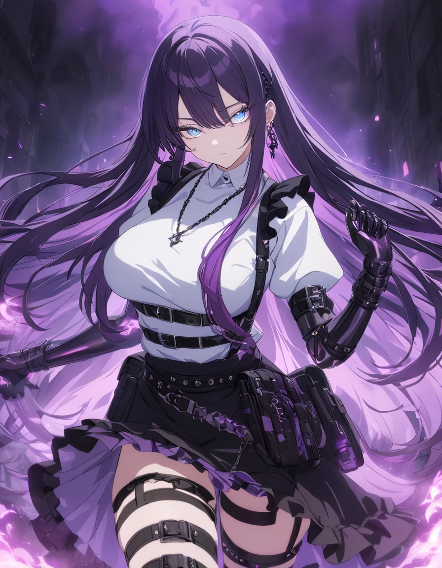 iridescent blue eyes, symmetrical eyes, long black and purple hair, earrings, necklace, gothic style, webbed belt, tactical, pouches, black maid outfit, black apron, weapon Holster, webbed belt, frilly skirt, metal gloves, black thigh highs, Long eyelashes, eye shadow, large breasts, ominous vibe, expressionless, stoic, glowing white mist, purple fire, shadowy, Ultra quality, UHD, high detail, anime aesthetic, Anime screenshot, Ultra quality, UHD, high detail