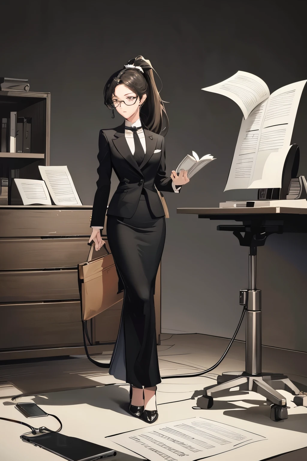Full body illustration of a slim adult woman with a ponytail and round glasses, serving as an announcer, immersed in the process of collecting valuable information, her attire composed of a simple yet elegant suit, the rimless glasses perched on her nose, a focused expression etched on her face as she diligently jots down notes, her ponytail swaying gently with every nod. The background subtly blends elements of technology and organization, conveying a sense of professionalism and attention to detail.