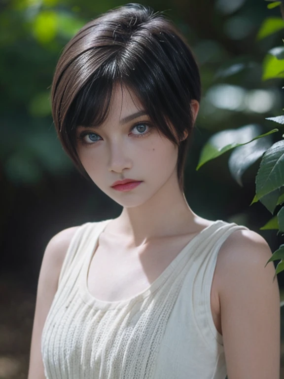 a young American woman with prominent freckles on her face, shoulders and arms, pale ivory skin, blue eye color and red pixie hairstyle with buzz cut, wearing a tank top and jeans, looking determined and focused