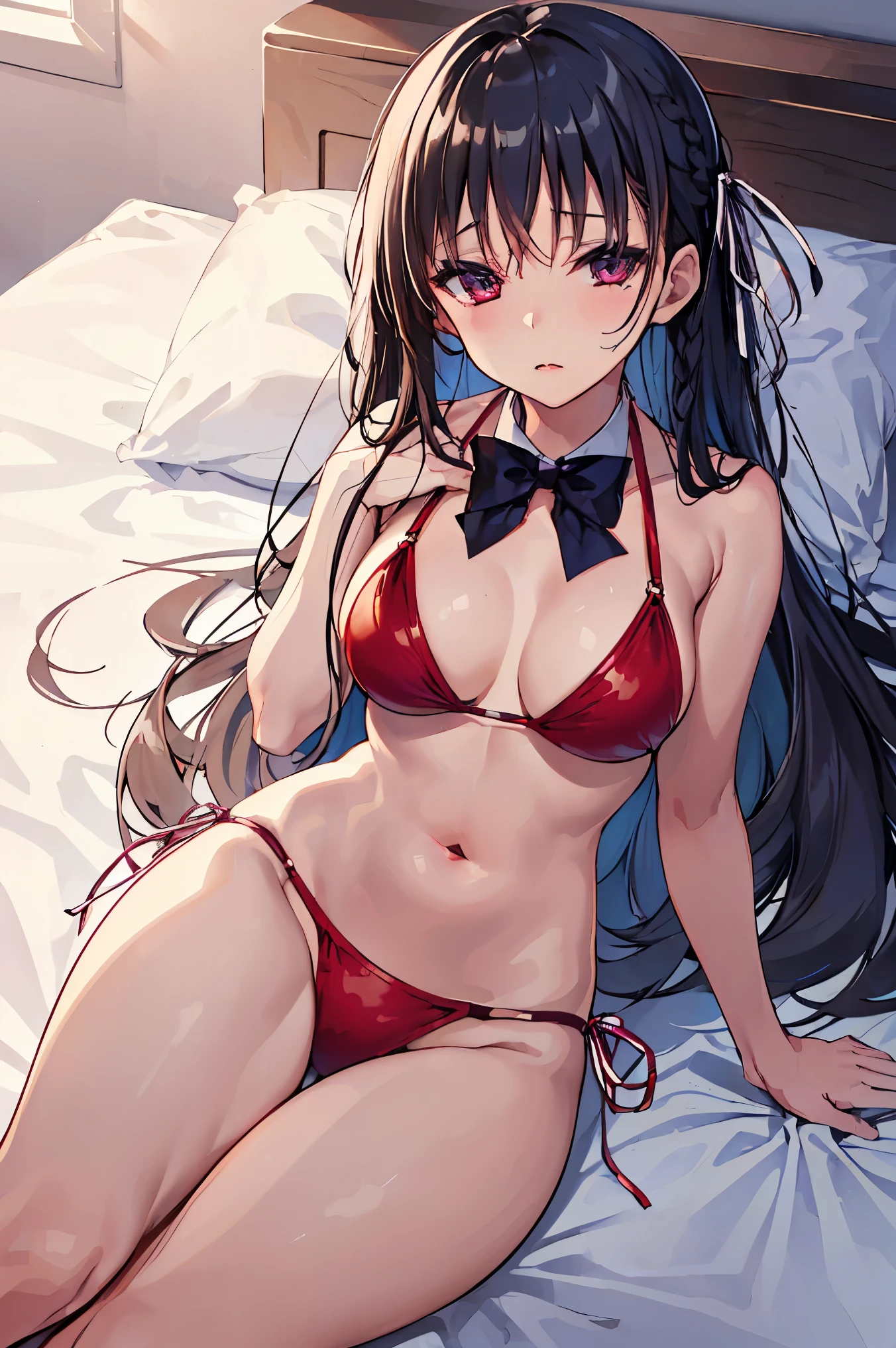 pikkyhorikita, 1girl, solo, looking at viewer, black hair, long hair, braid, very long hair, red eyes, purple eyes, breasts, medium breasts, hair ribbon, ribbon, 
BREAK (o-ring bikini, red bikini:1.2), BREAK ((fall asleep on the bed, supine, sleepy, closed eyes, laying on bed, sleeping pose)), ((close up, POV, cute, shot on face, sighing expression)),
BREAK ((anime girl)), best quality, expressive eyes, perfect face, (masterpiece), best quality, expressive eyes, perfect face, ((best quality)), ((ultra-detailed)), ((an extremely delicate and beautiful)), perfect eyes, perfect body, ((synmetry eyes)), beautiful eyes, ((thick thighs)), shiny skin, soft skin, ((synmetry body)), ((perfect body)), 