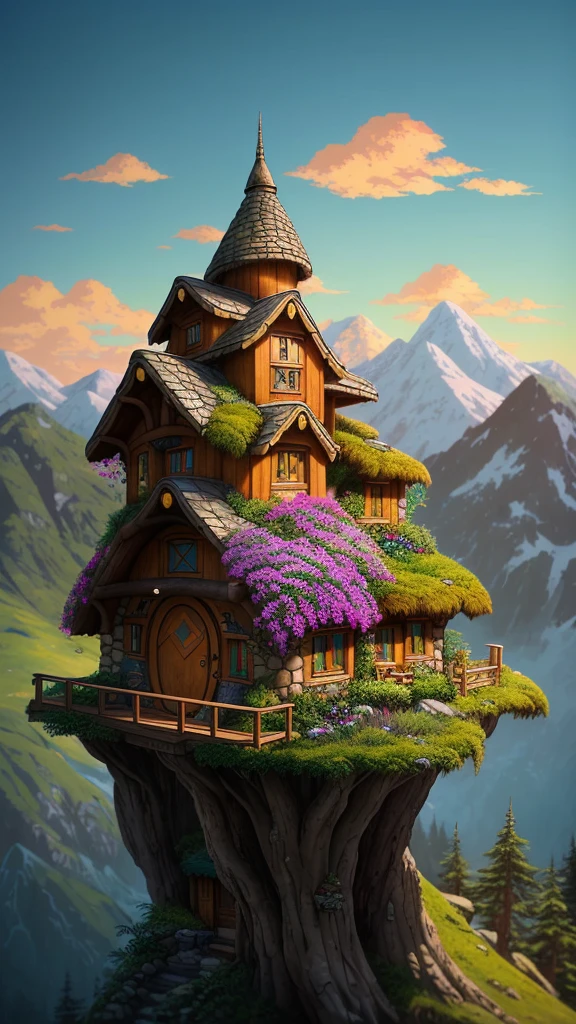 Realistic, Real life, Beautiful hobbit house in the mountains, in style of laurie greasley, by Ghibli Studio, Akira Toriyama, James Gilead, Genshin Impact, trending pixiv fanbox, acrylic palette knife, 4K, Vibrant colors, devinert, trending on artstationh