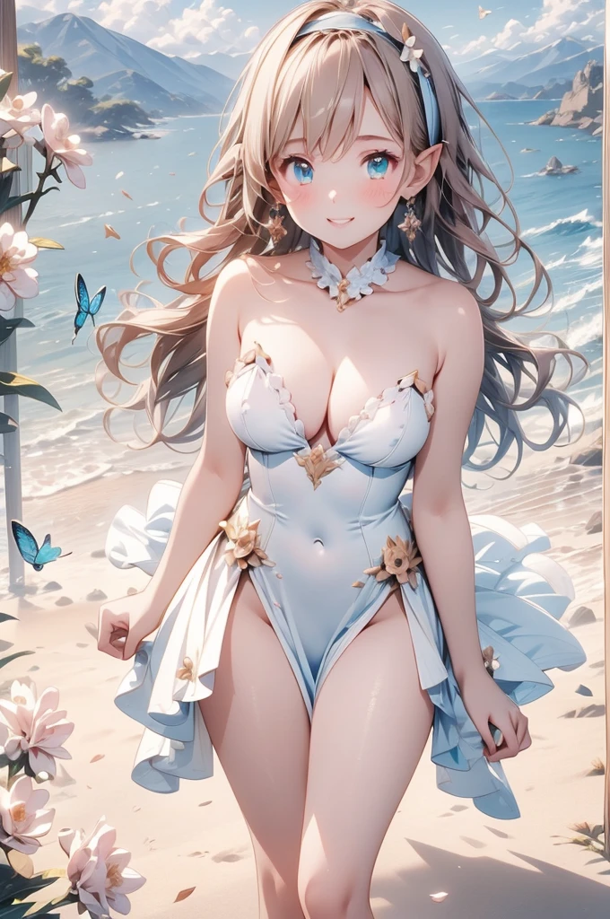 1 beautiful girl 20 years old, anime girl, walking in a field of flowers, blue sky with white clouds, artistic fairy costume green mini dress, low-cut and sleeveless dress, crystal high heels, defined hands and legs, full body, looks like a sexy model, a pair of translucent wings, butterflies around, big round breasts, glossy lips, cleavage, high heels, brown hair, hair over shoulder, wavy hair, asymmetrical bangs, hair one side up, expressive hair, hair behind ear, hairband, leaf hair ornament, aqua eyes, pupils sparkling, crystal earrings, pointy ears, smile, blush, fingersmile, seductive smile, naughty face, Color Field painting, high detail, anime, dithering, image fill, first-person view, wide shot, from above, perspective, Wide-Angle, f/1.8, 85mm, Canon, 8k, super detail, UHD, anatomically correct, masterpiece, high quality