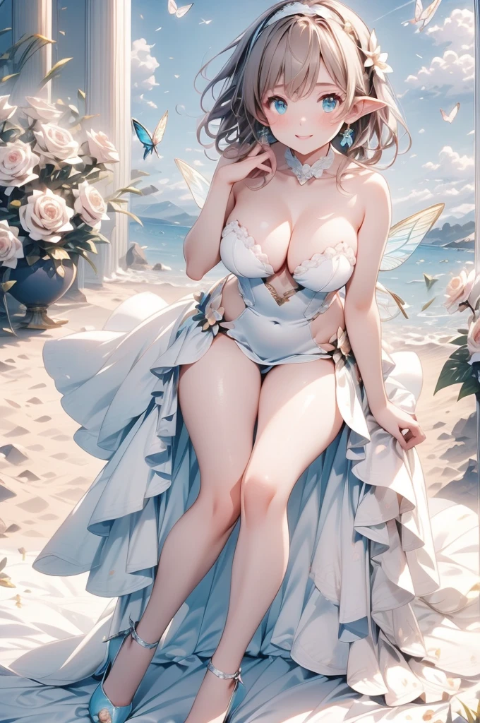 1 beautiful girl 20 years old, anime girl, walking in a field of flowers, blue sky with white clouds, artistic fairy costume green mini dress, low-cut and sleeveless dress, crystal high heels, defined hands and legs, full body, looks like a sexy model, a pair of translucent wings, butterflies around, big round breasts, glossy lips, cleavage, high heels, brown hair, hair over shoulder, wavy hair, asymmetrical bangs, hair one side up, expressive hair, hair behind ear, hairband, leaf hair ornament, aqua eyes, pupils sparkling, crystal earrings, pointy ears, smile, blush, fingersmile, seductive smile, naughty face, Color Field painting, high detail, anime, dithering, image fill, first-person view, wide shot, from above, perspective, Wide-Angle, f/1.8, 85mm, Canon, 8k, super detail, UHD, anatomically correct, masterpiece, high quality