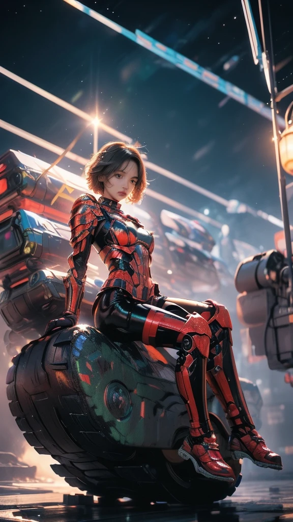 best quality,.masterpiece,Ultra-high resolution,(truthfully:1.4),Science fiction,Yamagishi,Tempting,Chinese poisonous scorpion girl,20 years old,short hair,Large Breasts,Wearing poisonous scorpion-type light armor,waist（Scorpio）,Sitting on the rocky coast,Looking down indifferently,