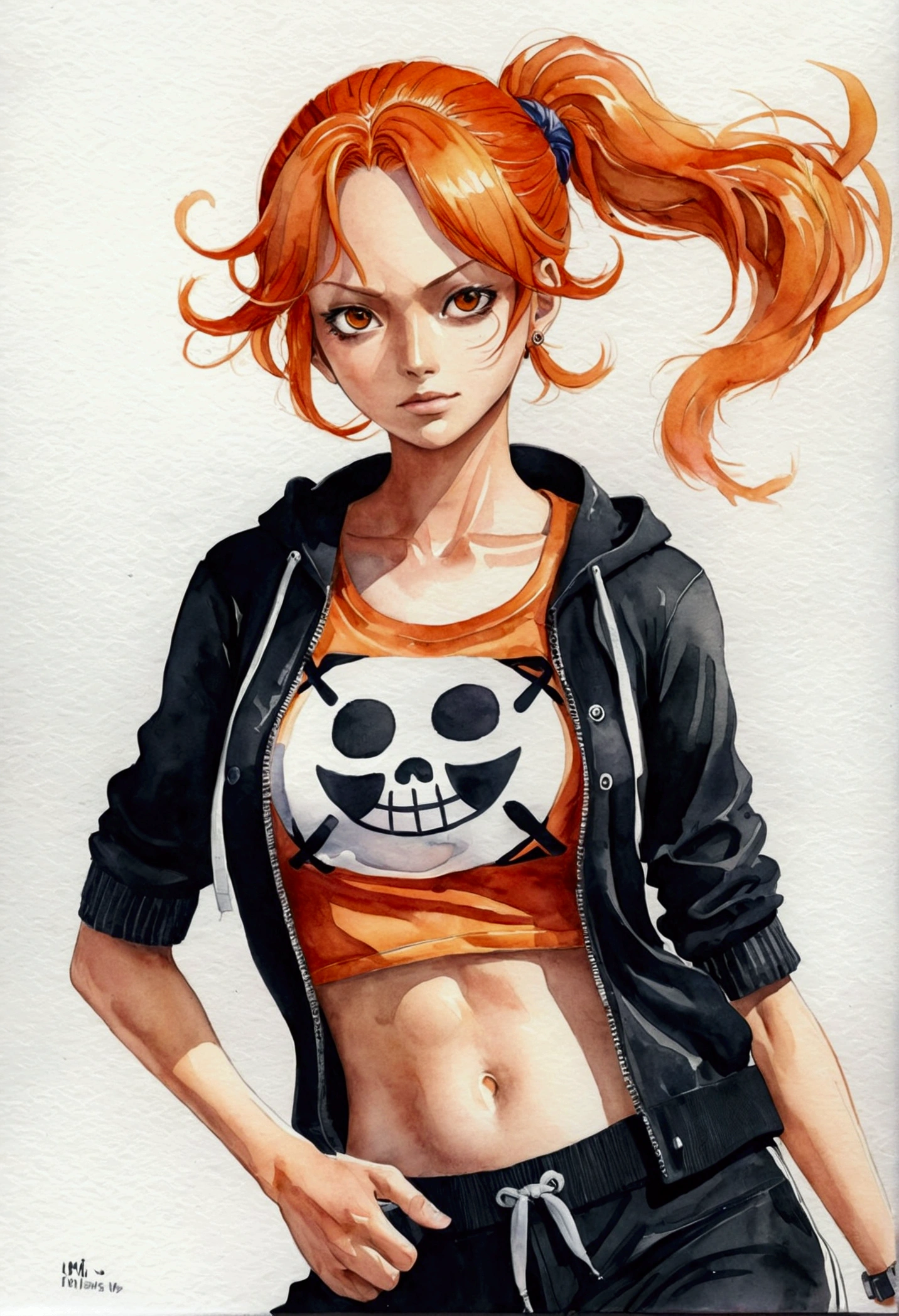 One Piece Nami Creation、Watercolor、An illustration、Orange Hair、shirt、precise face features、black eye、Sporty clothes、High resolution、Dynamic pose、