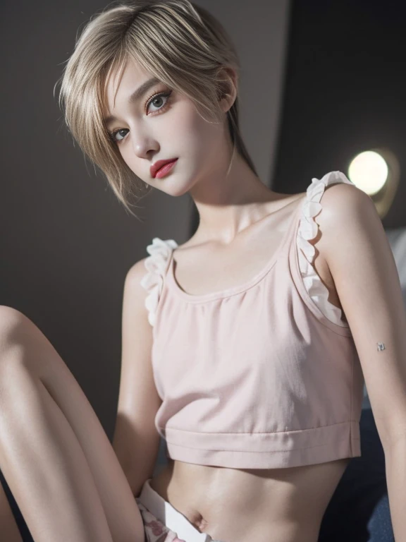 1 girl, skinny teen, Short blonde hair, Collections, hits, small waist, pink crop top, cotton fitted pajama shorts, Sitting on the bed, detailed face, pretty eyes, long eyelashes, realist, photorealist, high quality, 8k, masterpiece, vibrant colors, Soft lighting, Cozy atmosphere