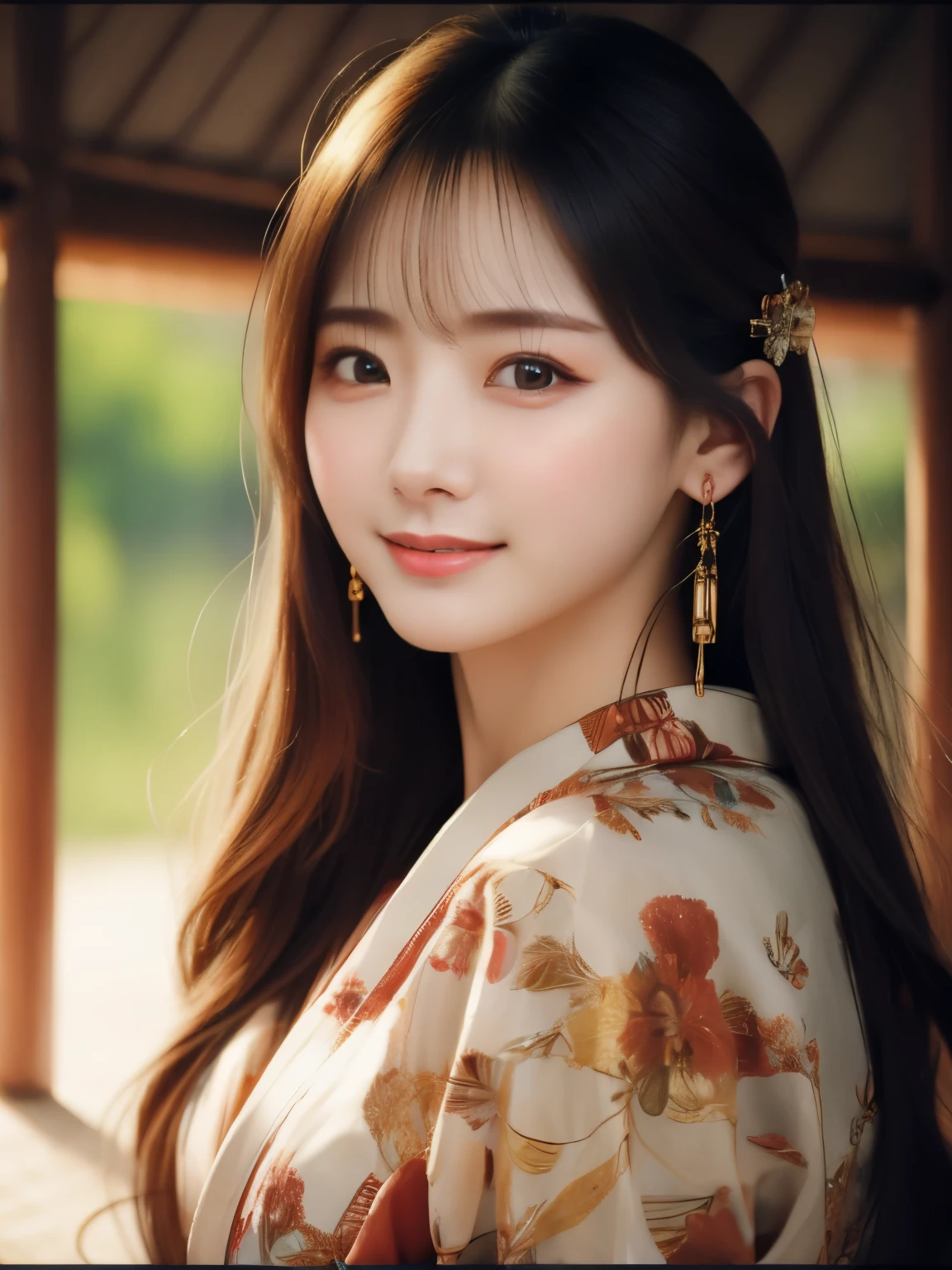 (best quality,highres,ultra-detailed),((portrait )),1beautiful Japanese lady,beautiful detailed eyes,beautiful detailed lips,extremely detailed face,longeyelashes,soft smile,flowing hair,natural lighting, wearling japanese elegant Kimono,
