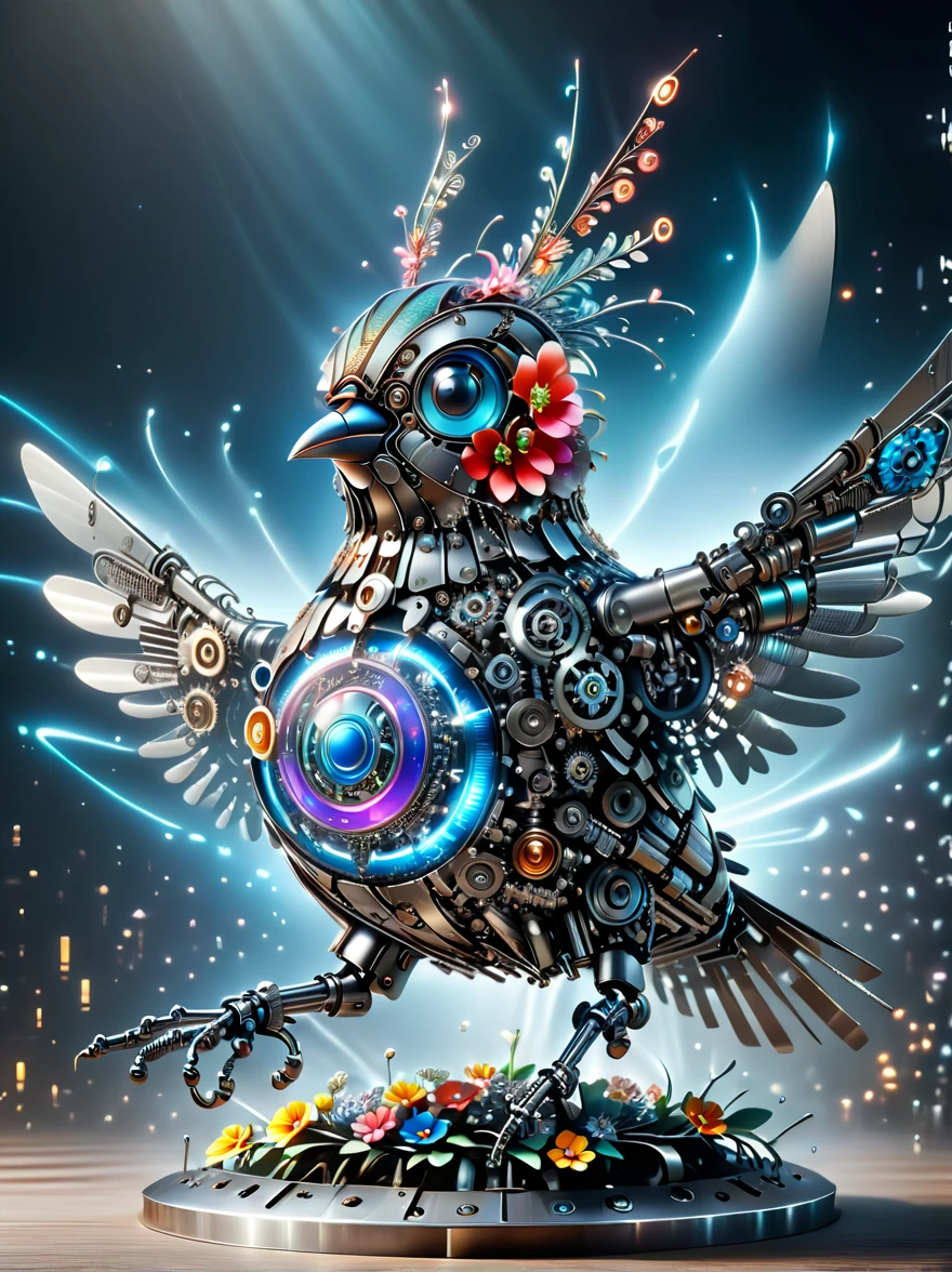(3D,mechanical感,cute,ais-scrapyrd robin,mechanical),Colorful neon lights,高科技mechanical部件,Metal body,Detailed Vibranium Flower Design,Vibrant colors,Dynamic glowing flowers,Reflective metal surface,Bright environment,Dynamic poses,Exquisite existence,Skills Improvement,互锁mechanical齿轮,Stylish design,motion blur effect,Detailed metal treatment,Sci-fi atmosphere,Streamlined aerodynamic shape,Laser scanning pattern,Holographic projection,LED light track,Beautiful and unforgettable,Advanced sensors,Complex algorithms,Ominous and mysterious atmosphere,Electric Spark,Shiny chrome,Propulsion systems of the future,(Best quality,8k,high resolution,masterpiece:1.2),Super detailed,(whole body:1.8)