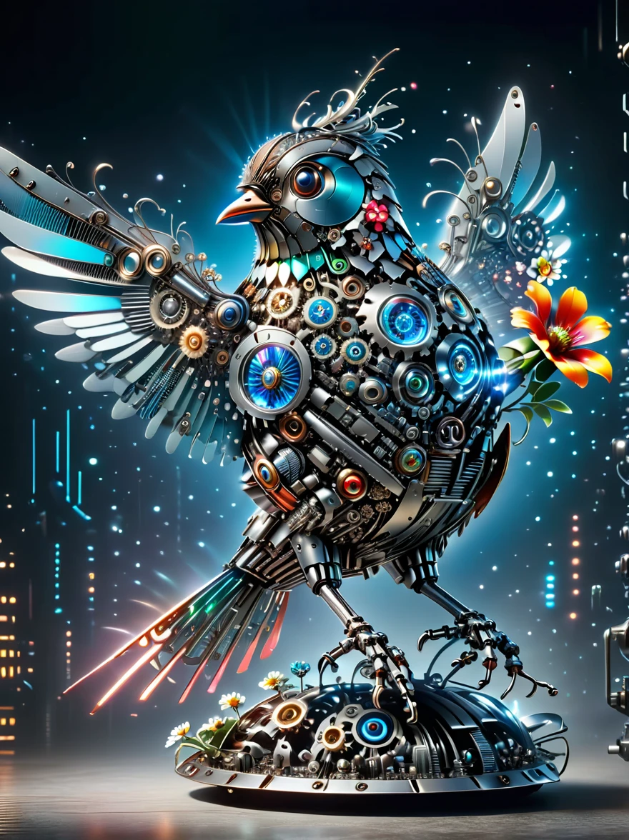 (3D，mechanical感，cute，ais-scrapyrd robin，mechanical)，Colorful neon lights，高科技mechanical部件，Metal body，Detailed Vibranium Flower Design，Vibrant colors，Dynamic glowing flowers，Reflective metal surface，Bright environment，Dynamic poses，Exquisite existence，Skills Improvement，互锁mechanical齿轮，Stylish design，motion blur effect，Detailed metal treatment，Sci-fi atmosphere，Streamlined aerodynamic shape，Laser scanning pattern，Holographic projection，LED light track，Beautiful and unforgettable，Advanced sensors，Complex algorithms，Ominous and mysterious atmosphere，Electric Spark，Shiny chrome，Propulsion systems of the future，(Best quality，8k，high resolution，masterpiece:1.2)，Super detailed，(whole body:1.8)​