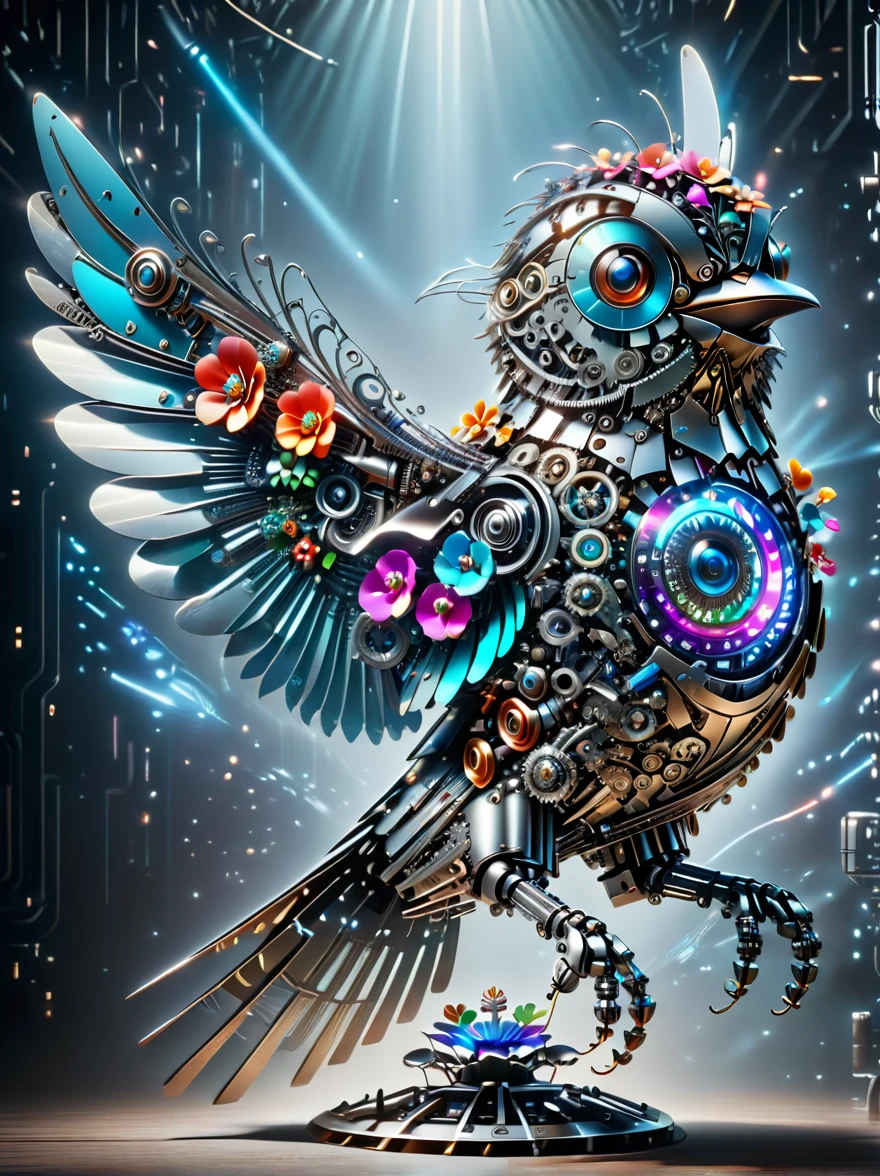 (3D,mechanical感,cute,ais-scrapyrd robin,mechanical),Colorful neon lights,高科技mechanical部件,Metal body,Detailed Vibranium Flower Design,Vibrant colors,Dynamic glowing flowers,Reflective metal surface,Bright environment,Dynamic poses,Exquisite existence,Skills Improvement,互锁mechanical齿轮,Stylish design,motion blur effect,Detailed metal treatment,Sci-fi atmosphere,Streamlined aerodynamic shape,Laser scanning pattern,Holographic projection,LED light track,Beautiful and unforgettable,Advanced sensors,Complex algorithms,Ominous and mysterious atmosphere,Electric Spark,Shiny chrome,Propulsion systems of the future,(Best quality,8k,high resolution,masterpiece:1.2),Super detailed,(whole body:1.8)