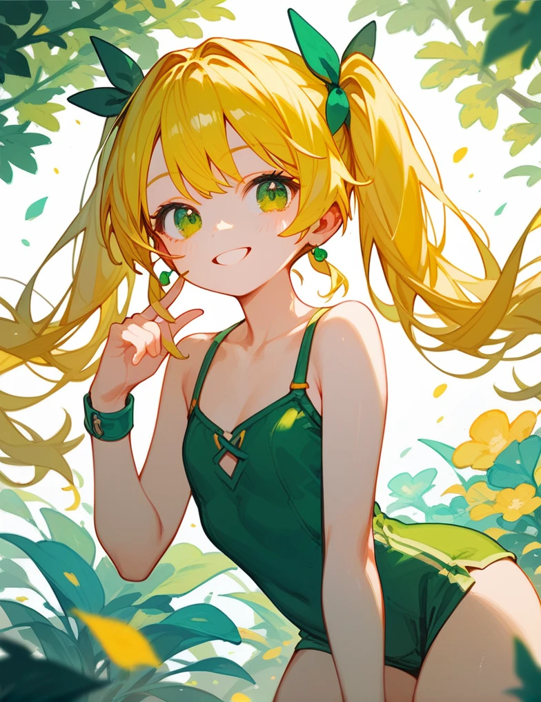 score_9_up,score_8_up,1girl, green eyes, twintails, yellow hair, smile