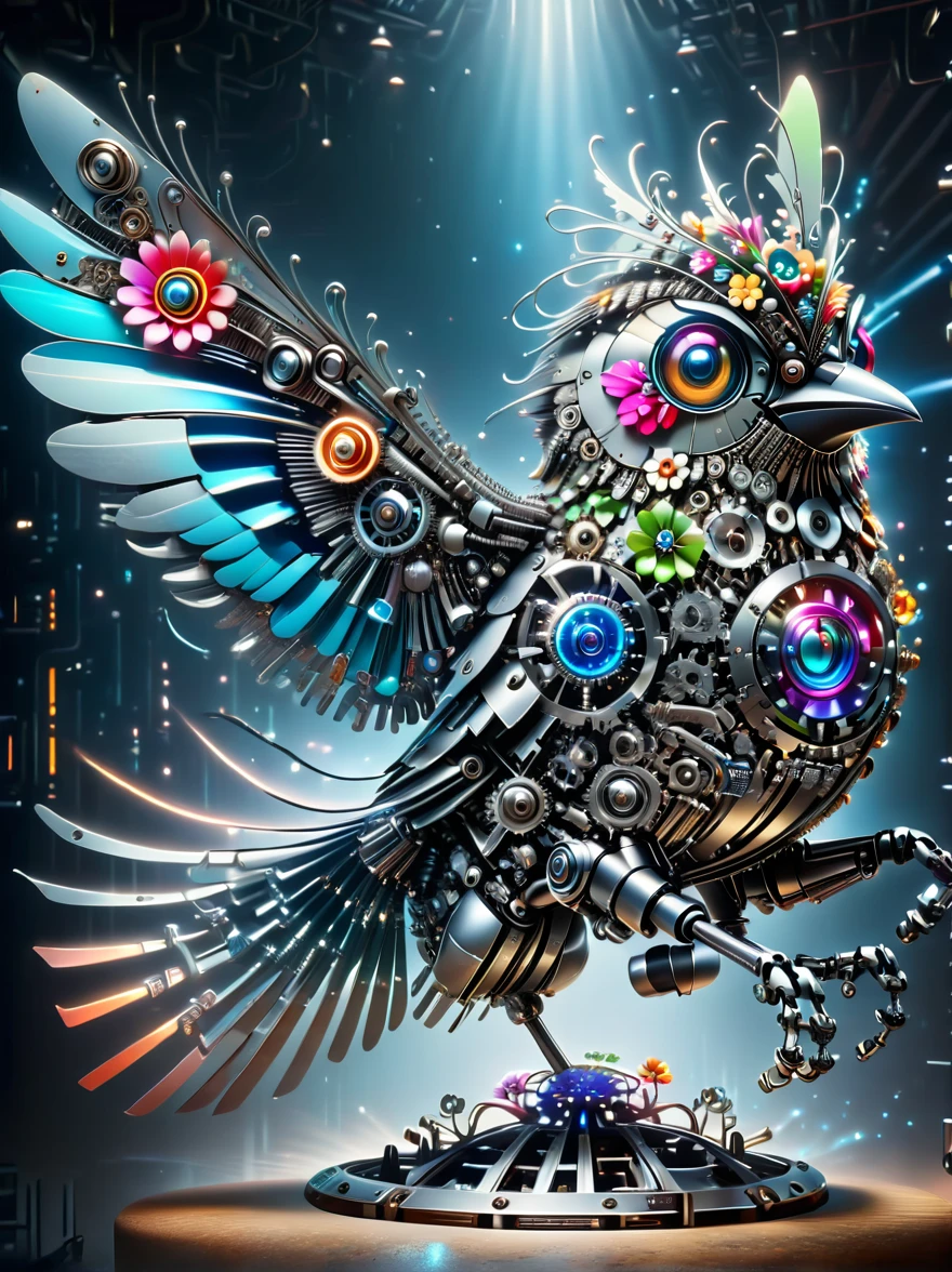 (3D，mechanical感，cute，ais-scrapyrd titmouse，mechanical)，Colorful neon lights，高科技mechanical部件，Metal body，Detailed Vibranium Flower Design，Vibrant colors，Dynamic glowing flowers，Reflective metal surface，Bright environment，Dynamic poses，Exquisite existence，Skills Improvement，互锁mechanical齿轮，Stylish design，motion blur effect，Detailed metal treatment，Sci-fi atmosphere，Streamlined aerodynamic shape，Laser scanning pattern，Holographic projection，LED light track，Beautiful and unforgettable，Advanced sensors，Complex algorithms，Ominous and mysterious atmosphere，Electric Spark，Shiny chrome，Propulsion systems of the future，(Best quality，8k，high resolution，masterpiece:1.2)，Super detailed，(whole body:1.8)​