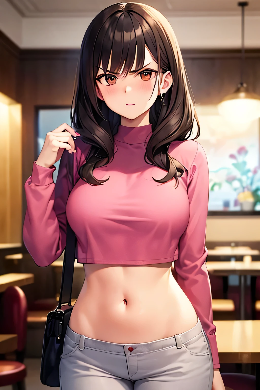 super fine illustration, vibrant colors, masterpiece, sharp focus, best quality, depth of field, cinematic lighting, ultra detailed, crop top, long sleeves, slim pants, navel, belly button, tummy, 1 woman, solo, milf, very messy hair, slender, blush, annoyed, mature female, tall woman, looking down, v-shaped eyebrows, medium breasts, dark hair, stomach, carrying purse, long curly hair, restaurant, annoyed, red lipstick, pink shirt