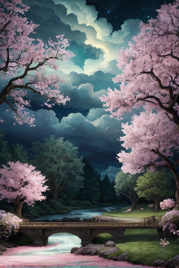 (magical pretty night heaven green stream overlay scene), (heaven), (clouds), Soft lighting, clean background, beautiful landscape, ​masterpiece, good quality, nice graphics, High level of detail, Epic Landscape, garden, Floral, clouds, (night starry heaven, River behind, huge old trees behind, falling bright pink petals behind)steampunk beauty on rollerskates in a very messy party scene