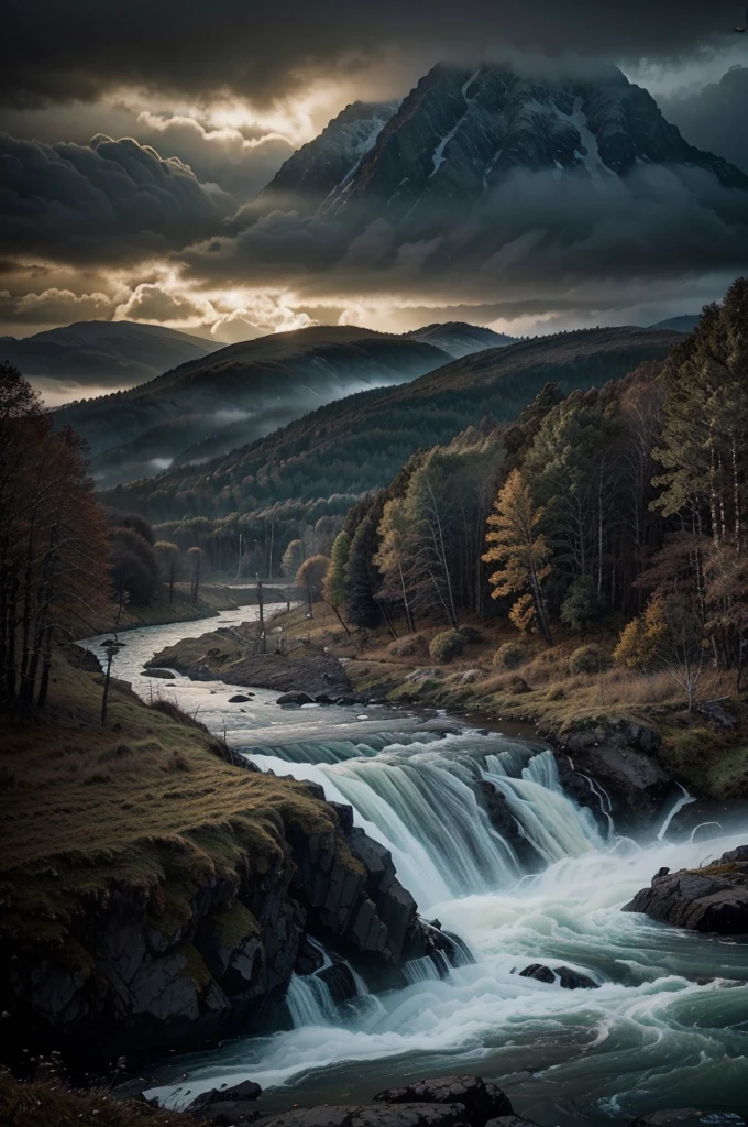 a breathtaking landscape of the Vinland saga, lush forests, rugged mountains, raging rivers, detailed clouds, dramatic lighting, moody atmosphere, fantasy art, digital painting, cinematic composition, photorealistic, 8k, best quality, highly detailed