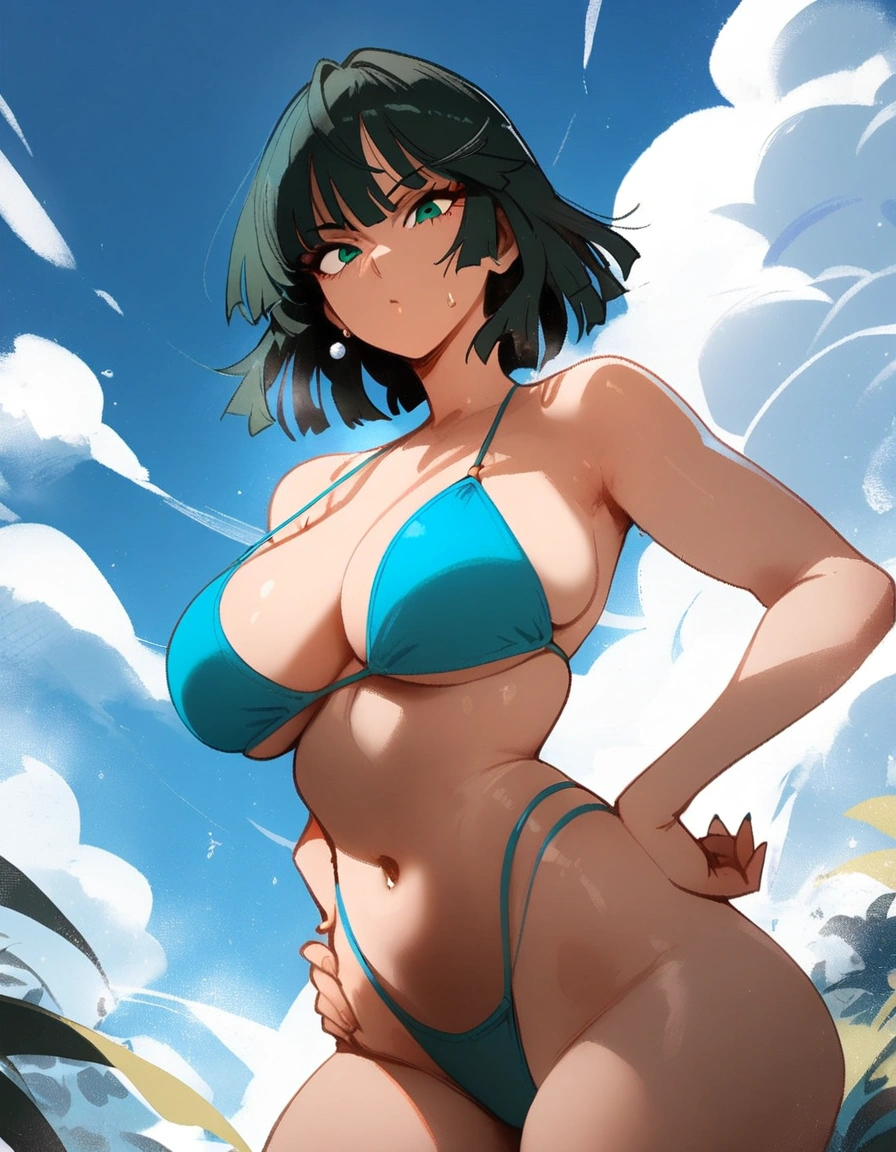1girl, fubuki \(one-punch man\), one-punch man \\\\\ masterpiece, best quality, newest, , ///// nyantcha, khyle, cutesexyrobutts \\\\\ big breasts, thin waist, looking at viewer,sweatdrop,bikini, sky, clouds, highleg panties, hands on hips, ,