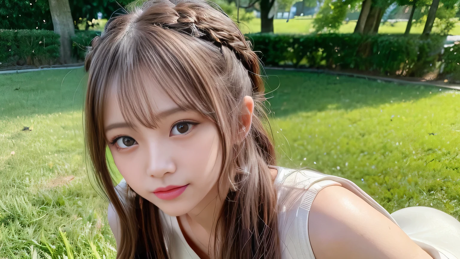 White T-shirt and jeans,Outdoor,Urban Park,On the grass,Outdoor,Face close-up,Outdoor,blush,Look forward,,Long hair ponytail,((8k, RAW Photos, Highest quality, masterpiece:1.2), (Realism, Realistic:1.4), (Highly detailed 8K wallpapers), Written boundary depth, Cinema Lighting, Soft Light, Detailed beauty eyes,Shiny and smooth light brown ponytail, Asymmetrical bangs, Glowing Skin, Highly detailed skins ,High resolution., Attention to detail, Detailed hairstyle, Attention to detail顔の美しさ, ultra-realistic, Perfect limbs, Perfect Anatomy ,1 Japanese girl,Famous idols of Japan, Perfect female body,A shy smile,short eyelashes,double eyelid,Look straight here,Hairstyle: ponytail,