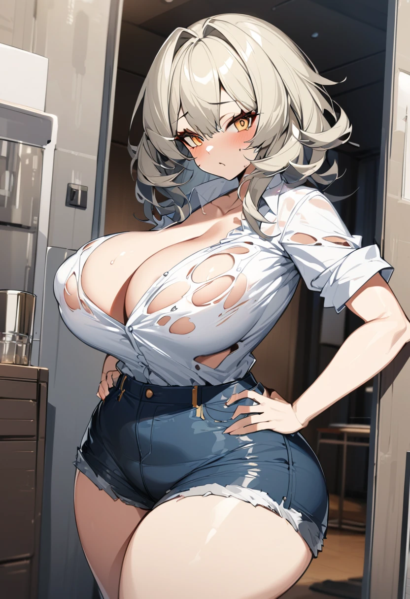 Subjective、From above、(Big breasted mom in apron having sex in kitchen with legs spread)、Gray Hair、Casual clothes、necklace