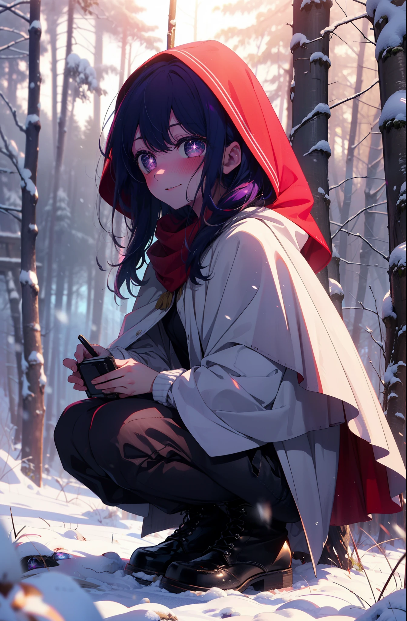 aihoshino, Ai Hoshino, Long Hair, bangs, (Purple eyes:1.1), Purple Hair, (Symbol-shaped pupil:1.5), smile,,smile,blush,white breath,
Open your mouth,snow,Ground bonfire, Outdoor, boots, snowing, From the side, wood, suitcase, Cape, Blurred, , forest, White handbag, nature, Squat, Mouth closed, Cape, winter, Written boundary depth, Black shoes, red Cape break looking at viewer, Upper Body, whole body, break Outdoor, forest, nature, break (masterpiece:1.2), Highest quality, High resolution, unity 8k wallpaper, (shape:0.8), (Beautiful and beautiful eyes:1.6), Highly detailed face, Perfect lighting, Extremely detailed CG, (Perfect hands, Perfect Anatomy),