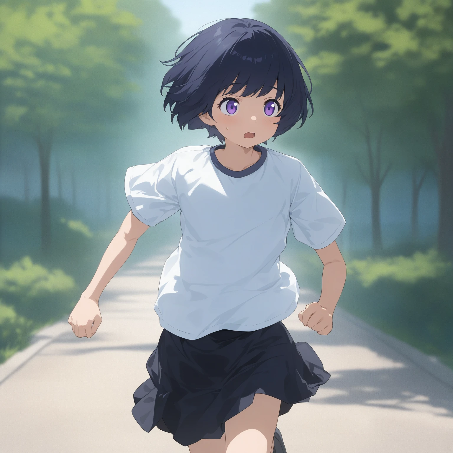 [(outdoor background:1.5),::5], ((((Masterpiece)))), high quality, Ultra_a lot_high_resolution, big_File size, (((Alone))), ((.)), ((dark blue short hair)), eyes purple, anime, (upper body), White school shirt, black skirt, He's running., A hurried expression, 
