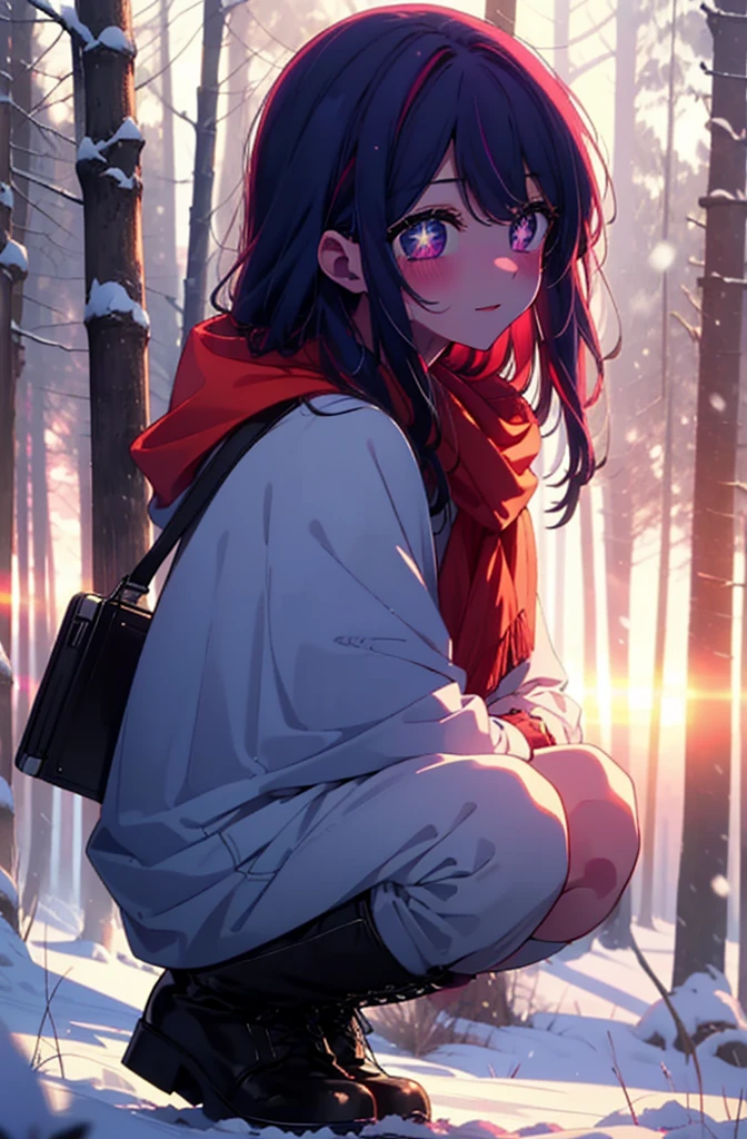 aihoshino, Ai Hoshino, Long Hair, bangs, (Purple eyes:1.1), Purple Hair, (Symbol-shaped pupil:1.5), smile,,smile,blush,white breath,
Open your mouth,snow,Ground bonfire, Outdoor, boots, snowing, From the side, wood, suitcase, Cape, Blurred, , forest, White handbag, nature, Squat, Mouth closed, Cape, winter, Written boundary depth, Black shoes, red Cape break looking at viewer, Upper Body, whole body, break Outdoor, forest, nature, break (masterpiece:1.2), Highest quality, High resolution, unity 8k wallpaper, (shape:0.8), (Beautiful and beautiful eyes:1.6), Highly detailed face, Perfect lighting, Extremely detailed CG, (Perfect hands, Perfect Anatomy),