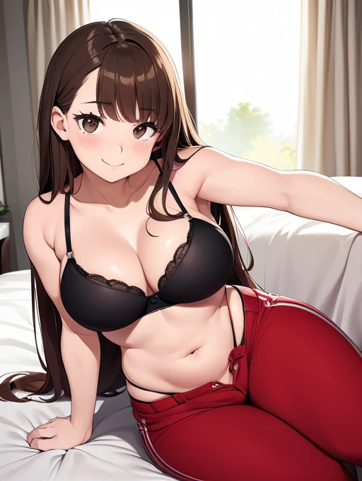 18 year old white teenage girl, is 5 feet and is chunky, has long light brown hair, wearing  bra and is wearing red shorts, very big breasts, brown eyes, very joyful, bright smile, is very white, chunky thighs, looks beautiful, sitting on her bed with lots of pillows and blanket and sitting with legs criss-crossed on bed as well, kinda small nose, hair off to the left side, wearing pants, bigger waist, bursting breasts, thunder thighs, hair is a little messy