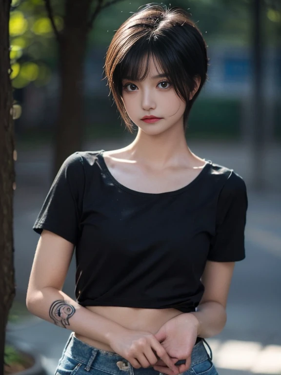 ((center of the chest, tomboy, small head)), ((10 years)),dawn, sunlight, (Trained abdominal muscles : 1.1), (perfect body : 1.1), (by the wavy cut : 1.2) , Brown hair, neck, rock, full body shot, street full of people, Wearing a black t-shirt, jeans jacket, (Very detailed CG 8k 壁紙), (very delicate and beautiful), (masterpiece), (of the highest quality:1.0), (ultra High resolution:1.0), beautiful lighting ,perfect lightning, realistic shadows, [High resolution], detailed skin, Very detailed、ethnic tattoos、10 yearsの見た目