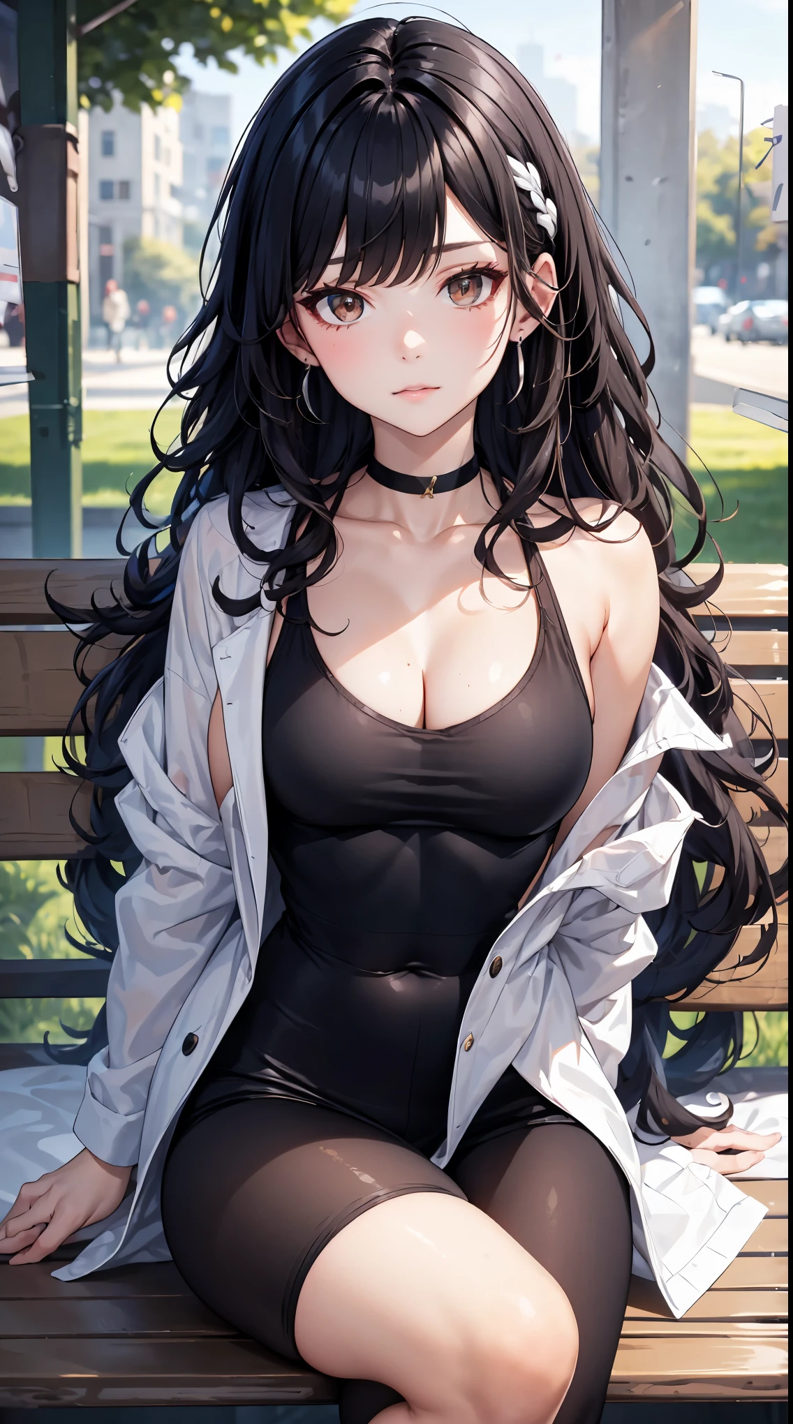 young woman, really long black hair, messy hair, beautiful, sitting on park bench, lots of hair volume, light brown eyes, white clips in hair, lots of silver earrings, black and white sports jacket, choker necklace