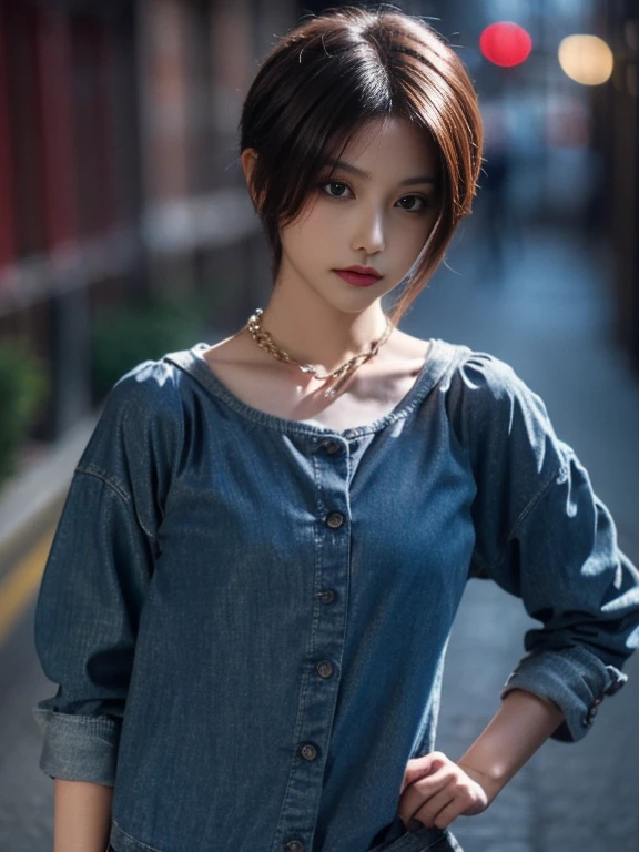 ((medium chest, by the wide, small head)), light, light de sol, (well defined abs: 1.1), (perfect body: 1.1), (by the wavy cut: 1.2), make up、Red hair, neck, chain, Full body photo, street in bad condition, Wearing a black t-shirt, denim jacket, ((Bermuda)), (highly detailed CG 8k wallpaper), (extremely delicate and beautiful), (mesa), (Best Quality: 1.0), (Hyper resolution: 1.0), beautiful lighting, perfect lightning, realistic shadows, [High resolution], Detailed skins, ultra detailed