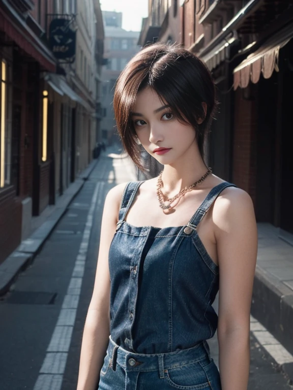 ((medium chest, by the wide, small head)), light, light de sol, (well defined abs: 1.1), (perfect body: 1.1), (by the wavy cut: 1.2), make up、Red hair, neck, chain, Full body photo, street in bad condition, Wearing a black t-shirt, denim jacket, ((Bermuda)), (highly detailed CG 8k wallpaper), (extremely delicate and beautiful), (mesa), (Best Quality: 1.0), (Hyper resolution: 1.0), beautiful lighting, perfect lightning, realistic shadows, [High resolution], Detailed skins, ultra detailed