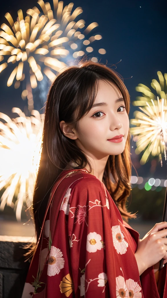 high resolution、Japanese women、Beauty、cute、Brown long hair hairstyle、Small face、Beautiful skin、Large breasts、Reality Stick、night、firework、outside、She is wearing a long-sleeved, red, closed-front yukata.、The front is closed、