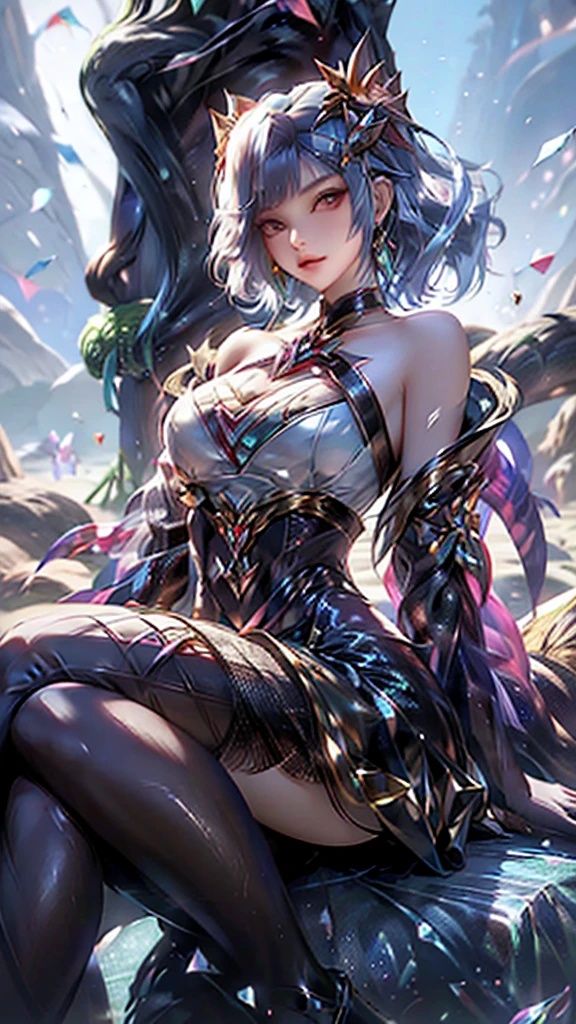 best quality,.masterpiece,Ultra-high resolution,(truthfully:1.4),Science fiction,Yamagishi,Tempting,Chinese poisonous scorpion girl,20 years old,short hair,Large Breasts,Wearing a poisonous scorpion dress,waist（Scorpio）,Sitting on the rocky coast,Looking down indifferently,