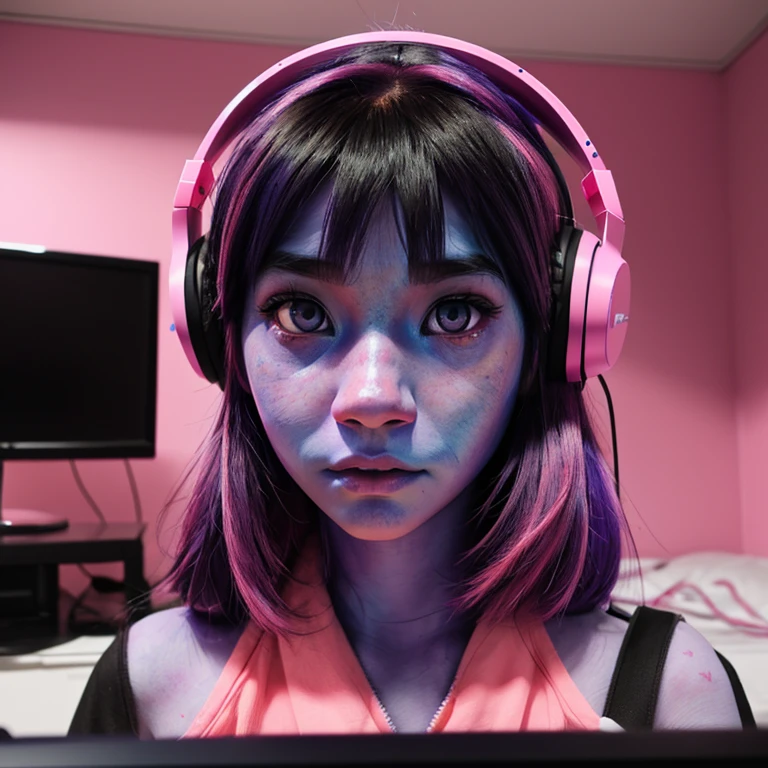 cute anime (zombie girl) with (dark purple straight hair), freckles, (((blue skin))), (((pink eyes))), pink nose. Playing videogames with headphones in er room.