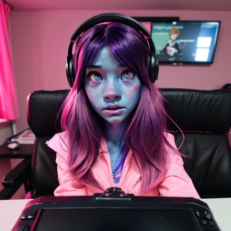 cute anime (zombie girl) with (dark purple straight hair), freckles, (((blue skin))), (((pink eyes))), pink nose. Playing videogames with headphones in er room.