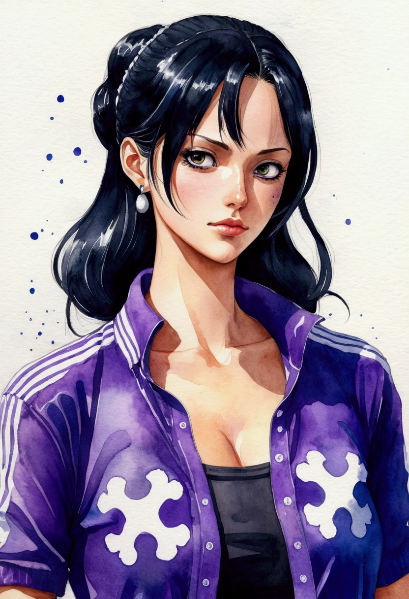 One Piece Nico Robin Creation、Watercolor、An illustration、Black Hair、shirt、precise face features、black eye、Sporty clothes、High resolution