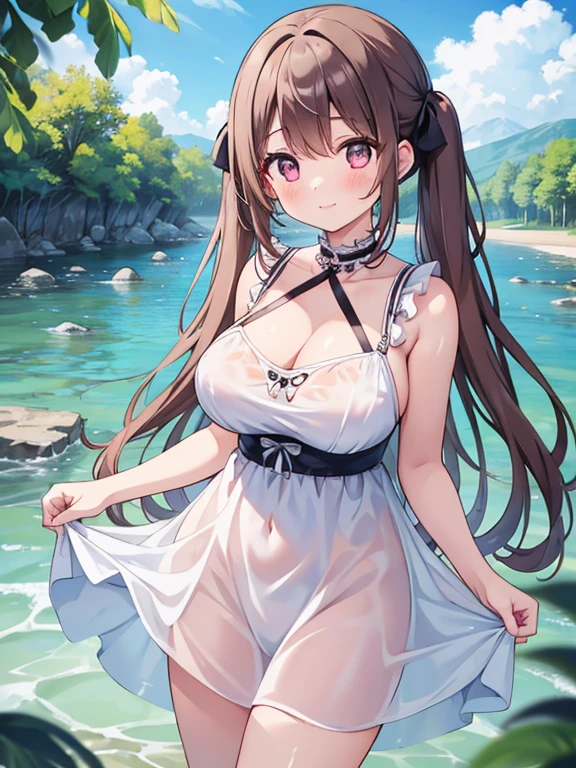 yuuki asuna, kizukiai, brown hair, brown eyes, medium breasts, long hair, Asuna, blush, masterpiece, best quality, ultra-detailed, 4k, ray tracing, perfect lighting, busty, (pink cheeks), seductive, sexy face, sexy, curvy body, thick thighs, thighs, hot, sexy, naked, nude, sexy body, natural skin texture, nsfw, showing her boobs, open legs, no panties, perfect anatomy, detailed image, perfect pussy, open pussy, thinner waist, wide hips, thick thighs, delicate eyes, detailed eyes, better lighting, viewer look, sweaty, erotica, wet, by the lake, in the mountains, blue sky.