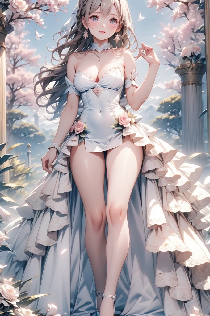 A beautiful girl walking in a garden while contemplating the flowers, anime girl, (20 year old girl:1.3), beautiful garden full of flowers and trees, blue sky with white clouds, butterflies around, cute elegant dress, short sleeves, shows shoulders, heels, jewelry, (earrings, necklace, bracelet), big round breasts, dark brown hair, french braid, long hair, ponytail, wavy hair, swept bangs, shiny hair, hairclip, hair ribbon, aqua eyes, glowing eyes, pupils sparkling, light smile, blush, happy, red lips, detailed face, slim waist, shapely legs, beautiful thighs, perfect body, princess dress, anime CG style, high definition, natural light, high detail, anime, dithering, from behind, three quarter view, image fill, perspective, Wide-Angle, f/1.8, 85mm, Sony FE GM, 8k, 8k wallpaper, super detail, highly detailed CG, UHD, retina, masterpiece, accurate, anatomically correct, textured skin, highres, best quality:1.3, 16k