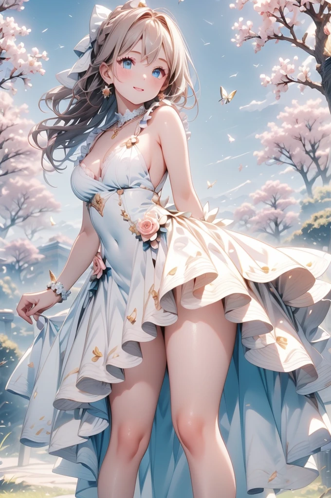 A beautiful girl walking in a garden while contemplating the flowers, anime girl, (20 year old girl:1.3), beautiful garden full of flowers and trees, blue sky with white clouds, butterflies around, cute elegant dress, short sleeves, shows shoulders, heels, jewelry, (earrings, necklace, bracelet), big round breasts, dark brown hair, french braid, long hair, ponytail, wavy hair, swept bangs, shiny hair, hairclip, hair ribbon, aqua eyes, glowing eyes, pupils sparkling, light smile, blush, happy, red lips, detailed face, slim waist, shapely legs, beautiful thighs, perfect body, princess dress, anime CG style, high definition, natural light, high detail, anime, dithering, from behind, three quarter view, image fill, perspective, Wide-Angle, f/1.8, 85mm, Sony FE GM, 8k, 8k wallpaper, super detail, highly detailed CG, UHD, retina, masterpiece, accurate, anatomically correct, textured skin, highres, best quality:1.3, 16k