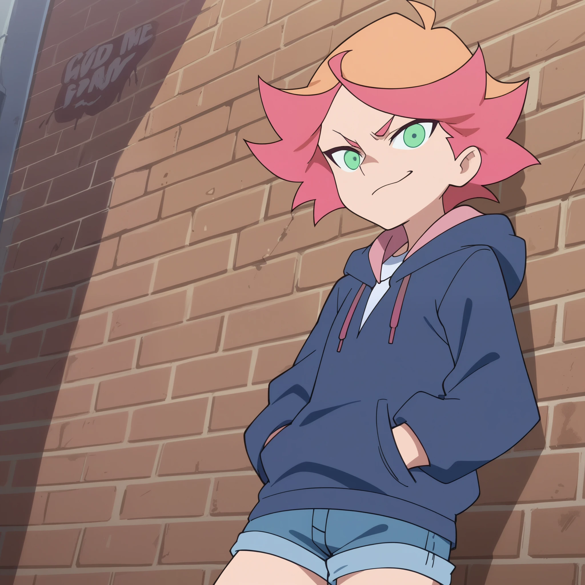 score_9_up, score_8_up, score_7_up, parody, best quality, high quality, anime screencap, source_anime, anime coloring, flat shading, flat shadows, Amanda O'Neill, blue hoodie, hood up,  denim shorts, smirk, looking at viewer, brick wall, graffiti, hands in pockets,head down, dutch angle, leaning against wall, standing, hood over head,