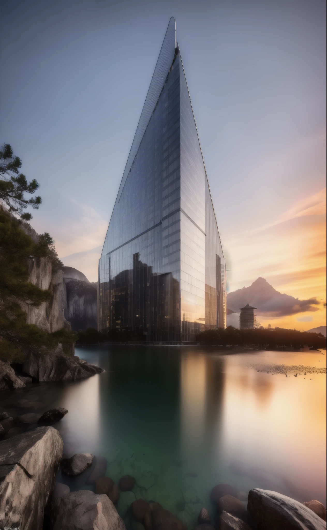 ((masterpiece, best quality)), 8k, modern architecture style, photo realistic, david chipperfield, hyper detailed photo, single box, a digital 3d render of a building,( stone:1.1), leansflare, mountain, tall building, sunset. High details, high quality, [[photorealistic Chromatic aberration]], digital photograph, HDR, high contrast, (cowboy shot), masterpiece. [The scene is surrounded by mist, evoking a mysterious and eerie atmosphere. The lighting is dark and atmospheric, with a touch of sinister ambiance. Best quality image, HDR enhancement, showcasing the utmost level of detail and realism]. [8K, Best Quality, Ultra High Resolution, (highly detailed CG unity 8k wallpaper), (best photo), (best shadows), isometric 3D, octane rendering, ray tracing, highly detailed, (Best quality, 4K, 8k:1.2), absurdity, ultra detailed, (realistic, photorealistic, photorealistic:1.37), complex parts, HDR, (complex parts:1.12), (hyper detailed, hyper realistic, Soft lighting, spicy:1.2), (complex parts, Hyper detailed:1.15). Blurred foreground. (backlit), masterpiece, high quality, brightness, chromatic aberration, shadows, contrast, clear sky, (warm hue, warm tone), high details, natural reflections]. many details. (YES SFW)[KIT]