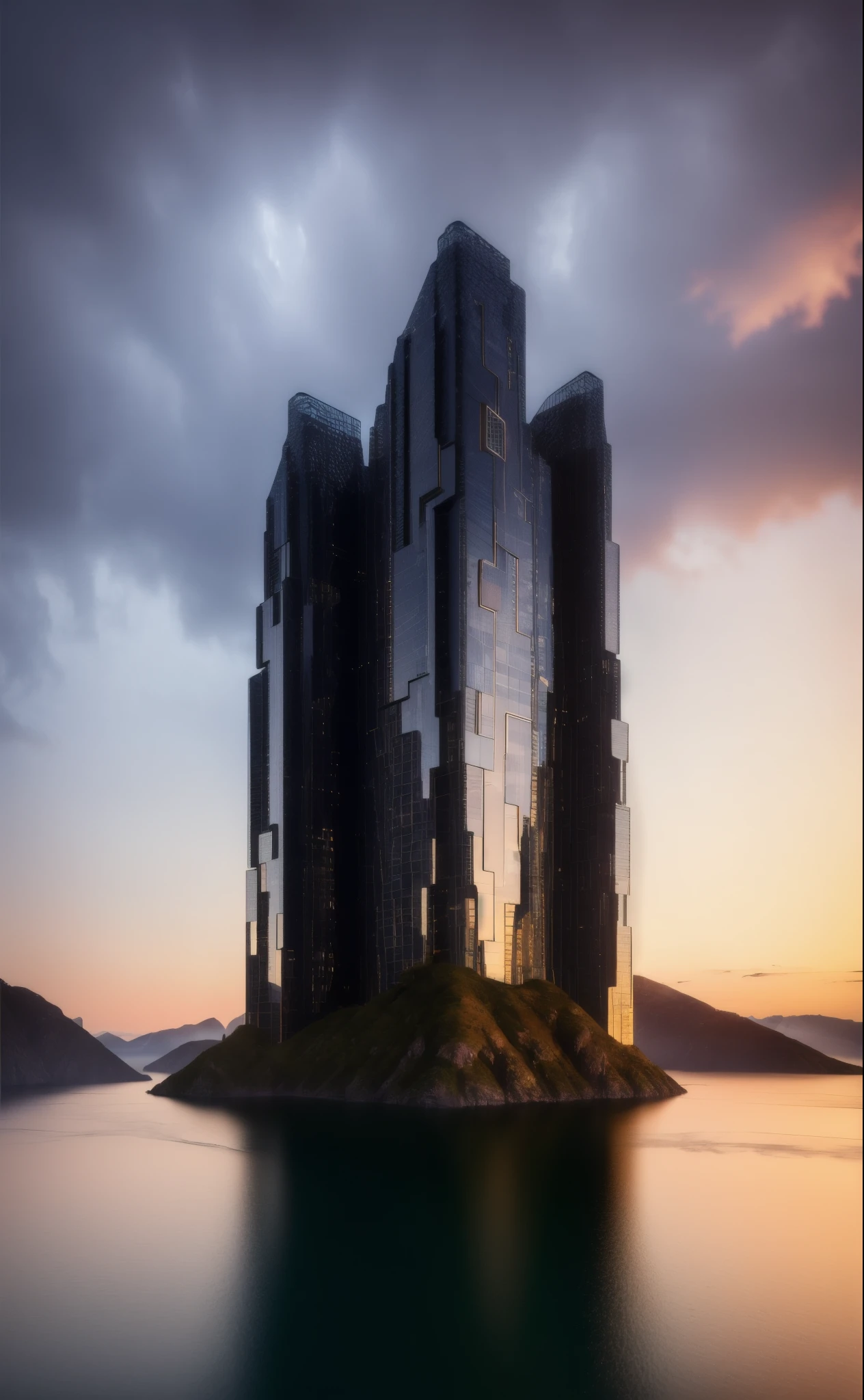 ((masterpiece, best quality)), 8k, modern architecture style, photo realistic, david chipperfield, hyper detailed photo, single box, a digital 3d render of a building,( stone:1.1), leansflare, mountain, tall building, sunset. High details, high quality, [[photorealistic Chromatic aberration]], digital photograph, HDR, high contrast, (cowboy shot), masterpiece. [The scene is surrounded by mist, evoking a mysterious and eerie atmosphere. The lighting is dark and atmospheric, with a touch of sinister ambiance. Best quality image, HDR enhancement, showcasing the utmost level of detail and realism]. [8K, Best Quality, Ultra High Resolution, (highly detailed CG unity 8k wallpaper), (best photo), (best shadows), isometric 3D, octane rendering, ray tracing, highly detailed, (Best quality, 4K, 8k:1.2), absurdity, ultra detailed, (realistic, photorealistic, photorealistic:1.37), complex parts, HDR, (complex parts:1.12), (hyper detailed, hyper realistic, Soft lighting, spicy:1.2), (complex parts, Hyper detailed:1.15). Blurred foreground. (backlit), masterpiece, high quality, brightness, chromatic aberration, shadows, contrast, clear sky, (warm hue, warm tone), high details, natural reflections]. many details. (YES SFW)[KIT]