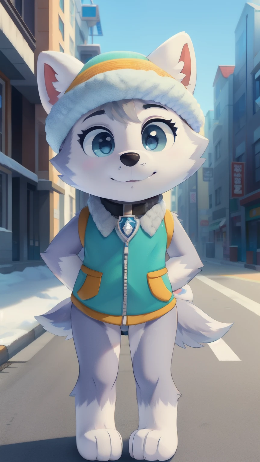 Everest, husky dog, furry girl, blue eyes, gray hair, spiky hair, two tone body fur, gray body fur, white body fur, grat hair, detailed body fur, detailed body, detailed face, detailed eyes, glistering body, shiny body, skinny, (best quality), cinematic lighting, looking at viewer, anime style, full body, feets with three toes, street, clear sky, 1girl, :3, tiny body, short body, anthro, {everestpawpatrol}, everest \(paw patrol\), raised tail, tailwag, hat, collar, vest, clothed animal, ((solo)), standing, 