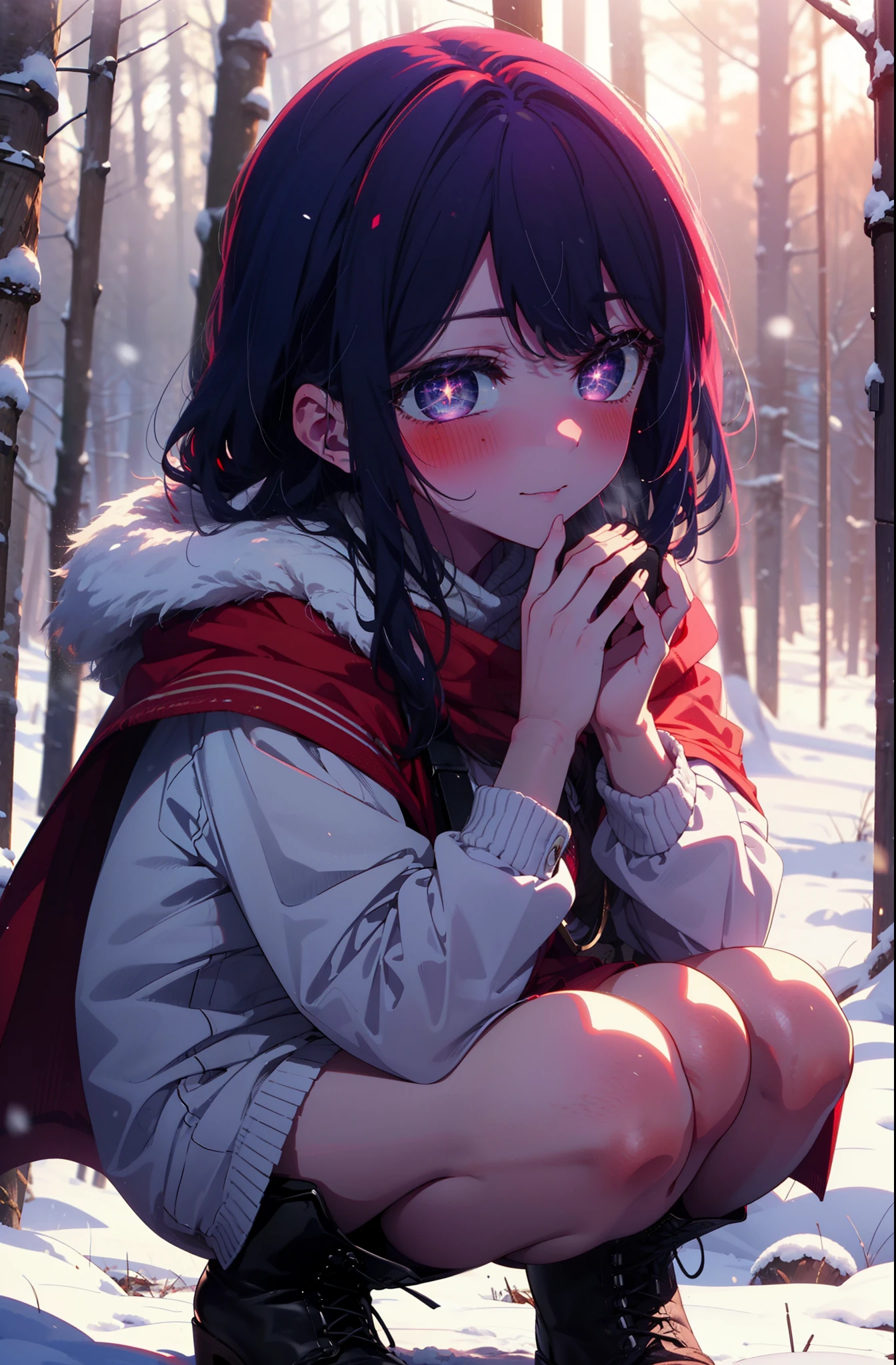 aihoshino, Ai Hoshino, Long Hair, bangs, (Purple eyes:1.1), Purple Hair, (Symbol-shaped pupil:1.5), smile,,smile,blush,white breath,
Open your mouth,snow,Ground bonfire, Outdoor, boots, snowing, From the side, wood, suitcase, Cape, Blurred, , forest, White handbag, nature, Squat, Mouth closed, Cape, winter, Written boundary depth, Black shoes, red Cape break looking at viewer, Upper Body, whole body, break Outdoor, forest, nature, break (masterpiece:1.2), Highest quality, High resolution, unity 8k wallpaper, (shape:0.8), (Beautiful and beautiful eyes:1.6), Highly detailed face, Perfect lighting, Extremely detailed CG, (Perfect hands, Perfect Anatomy),