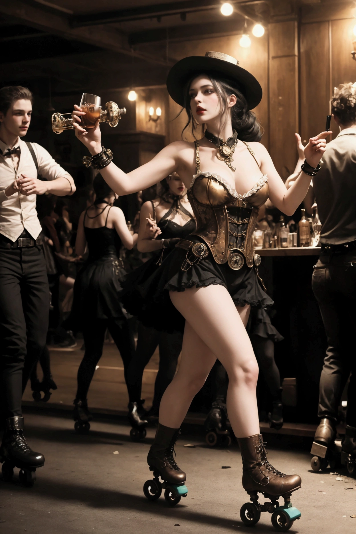 steampunk beauty on rollerskates in a very messy party scene, many people in the background, dancers, drinkers, talkers