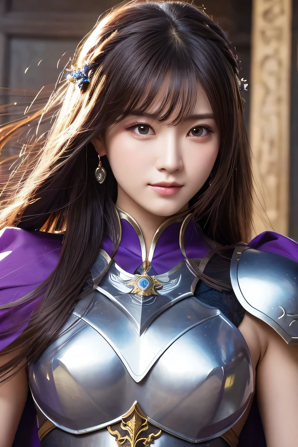 Close-up of a woman in armor and purple cape, Koei Tecmo, Zhao Yun, China&#39;s Three Kingdoms, Bianlian, Genghis Khan, Feng Shui, ponytail, Xianxia Hero, Chinese Warrior,