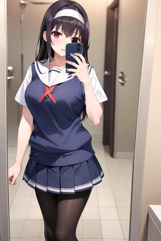 masterpiece, best quality, highres, aautaha, long hair, black hair, hairband, , sailor collar, sweater vest, blue sweater, white shirt, short sleeves, pleated skirt, blue skirt, (black pantyhose:1.2), selfie in mirror, bathroom,