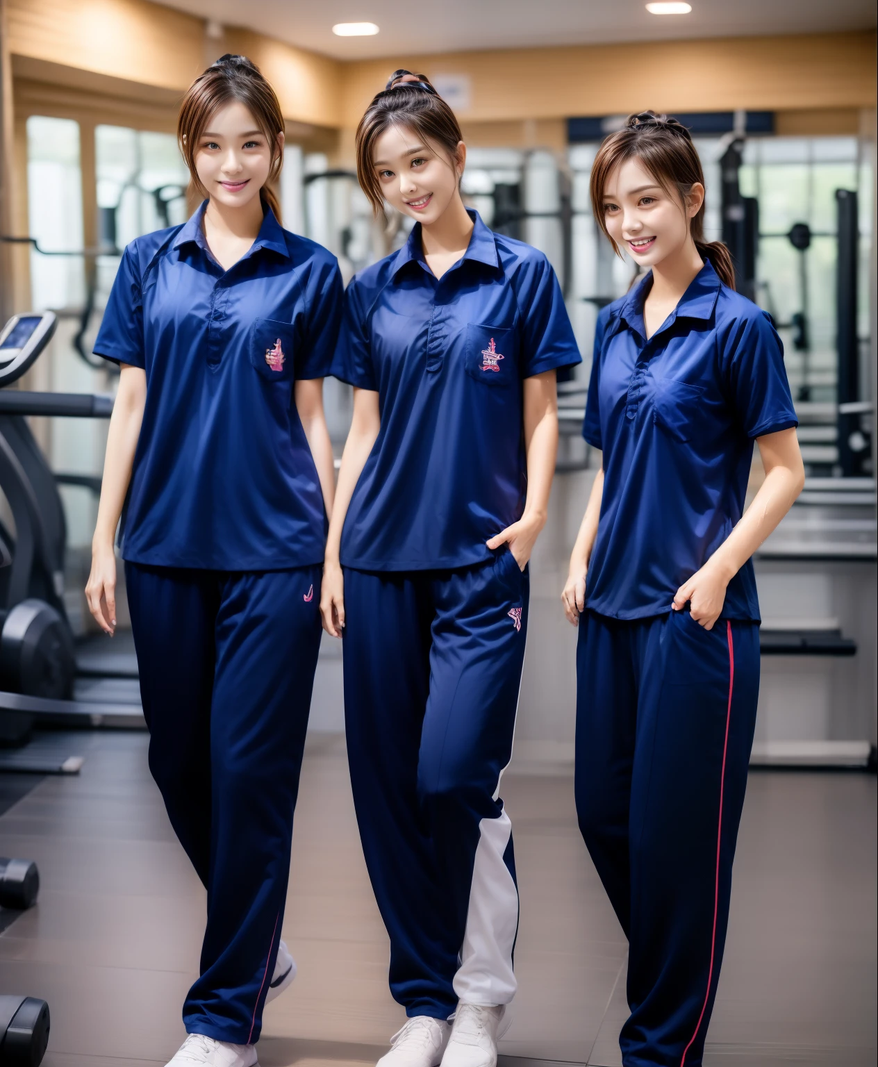 3 girls in fitness center, Navy blue short-sleeved shirt,Navy Long Trackpant,Sweatpants, Sweatpantsขายาว,25 year old girl, lesbian, sexy, exercise clothes, wet body, exercise clothes